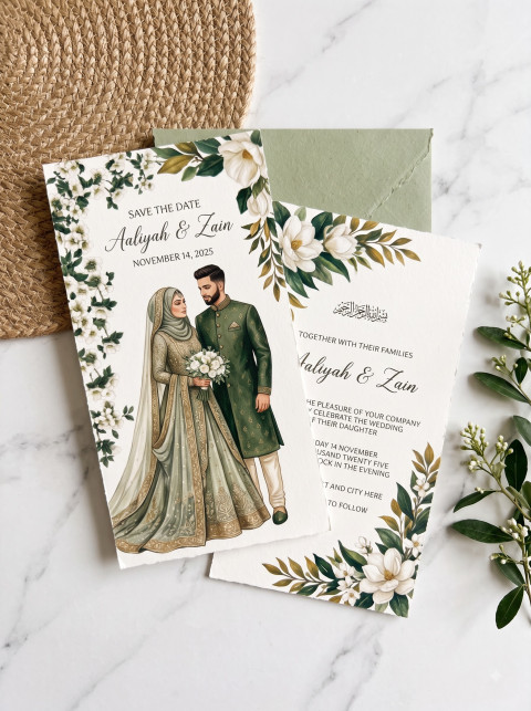 Wedding Card Minimalist Product Photography Prompt Marble and Woven Jute