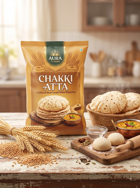 Wheat Flour Bag with Fresh Rotis on Rustic Counter