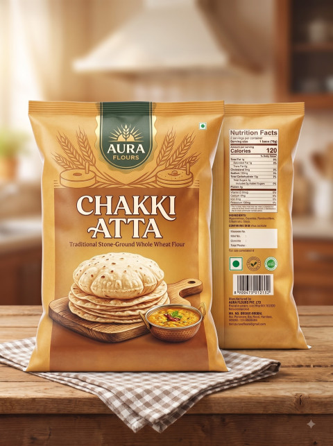 Wheat Flour Pouch Front and Back View on Tablecloth
