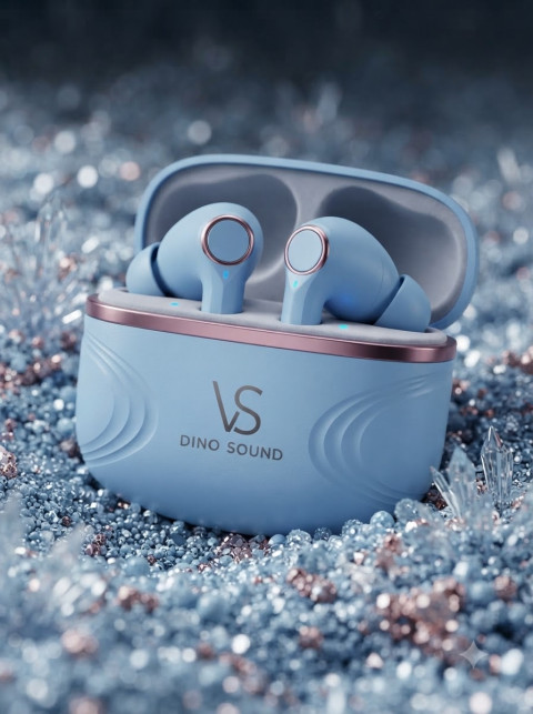 Wireless Earbuds on Crystal Glitter Surface