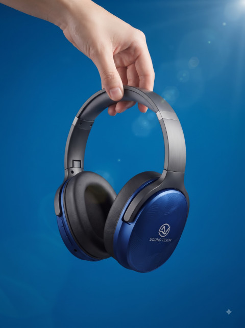 Wireless Headphone Held in Hand on Blue Background