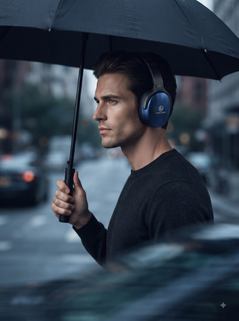 Wireless Headphone Lifestyle Shot of Man with Umbrella in Rain