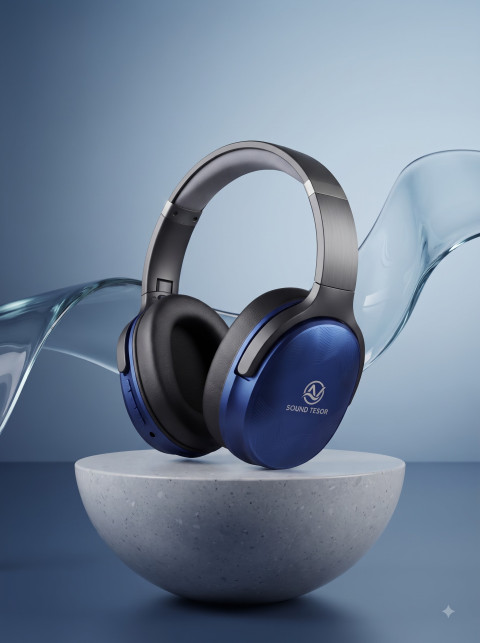 Wireless Headphone Packshot on Concrete Sphere and Glass Wave