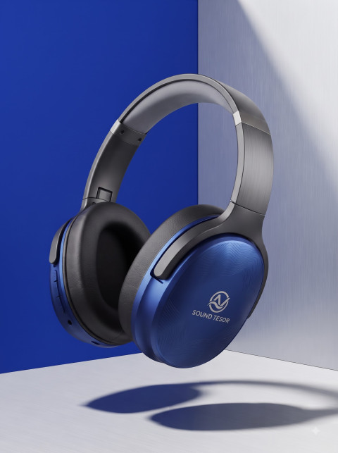 Wireless Headphone Studio Shot in Blue and White Corner