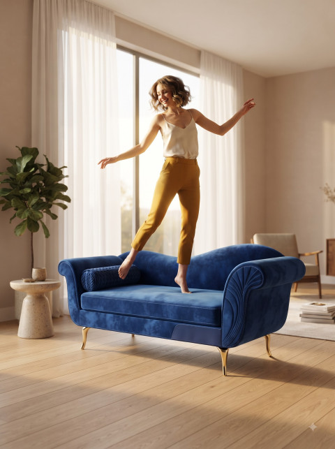 Woman Dancing on Blue Velvet Sofa
