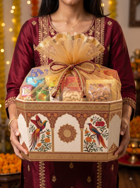 Woman Holding Festive Gift Hamper AI Product Photography Prompt Traditional Attire