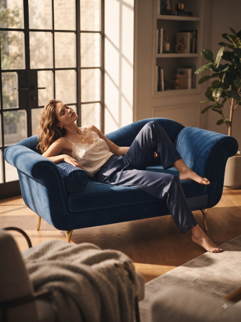 Woman Lounging on Blue Velvet Sofa